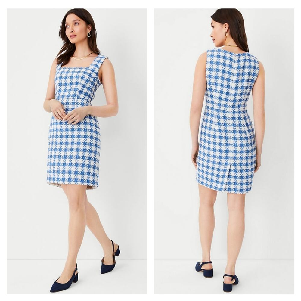 Ann Taylor Blue and White Houndstooth Sheath Dress